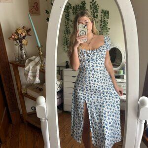 Amazon Blue Flower Flowy Ankle Length Dress With Slit